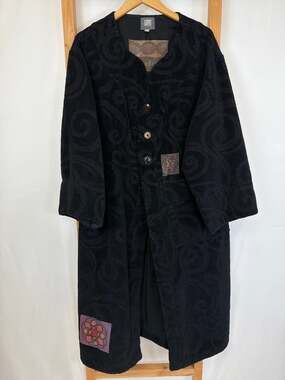 Vintage Blue Fish Patchwork Long Coat Black Art to Wear Lagenlook Size 1 M L